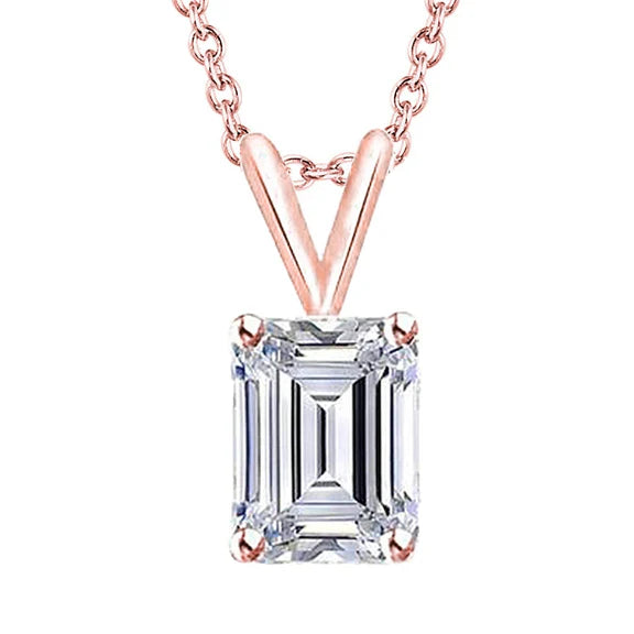 Collier Pendentif Réel Diamant Solitaire Taille Emeraude 1.50 Ct. Or Rose 14K