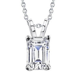 Collier Pendentif Réel Diamant Solitaire Taille Emeraude 2 Ct. Or Blanc 14K
