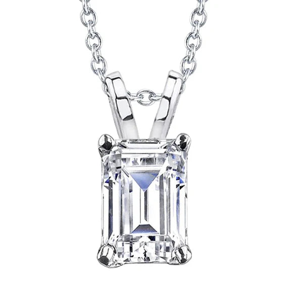 Collier Pendentif Réel Diamant Solitaire Taille Emeraude 2 Ct. Or Blanc 14K