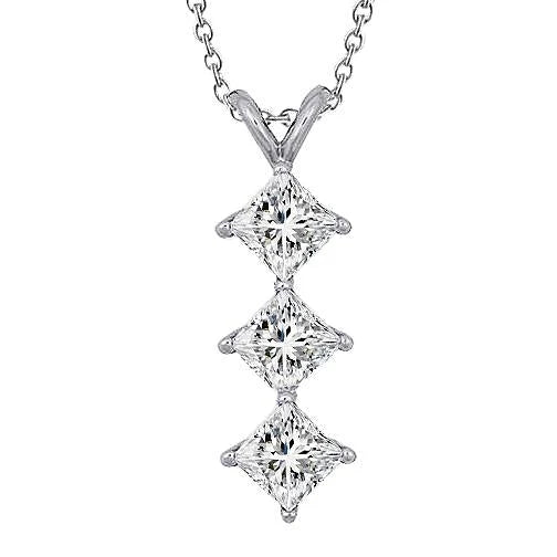 Collier Pendentif Réel Diamant Taille Princesse A Trois Pierres 3.0 Carats WG 14K