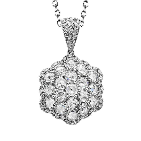 Collier Pendentif Réel Diamants Taille Rose 2.70 Carats Or Blanc 18K