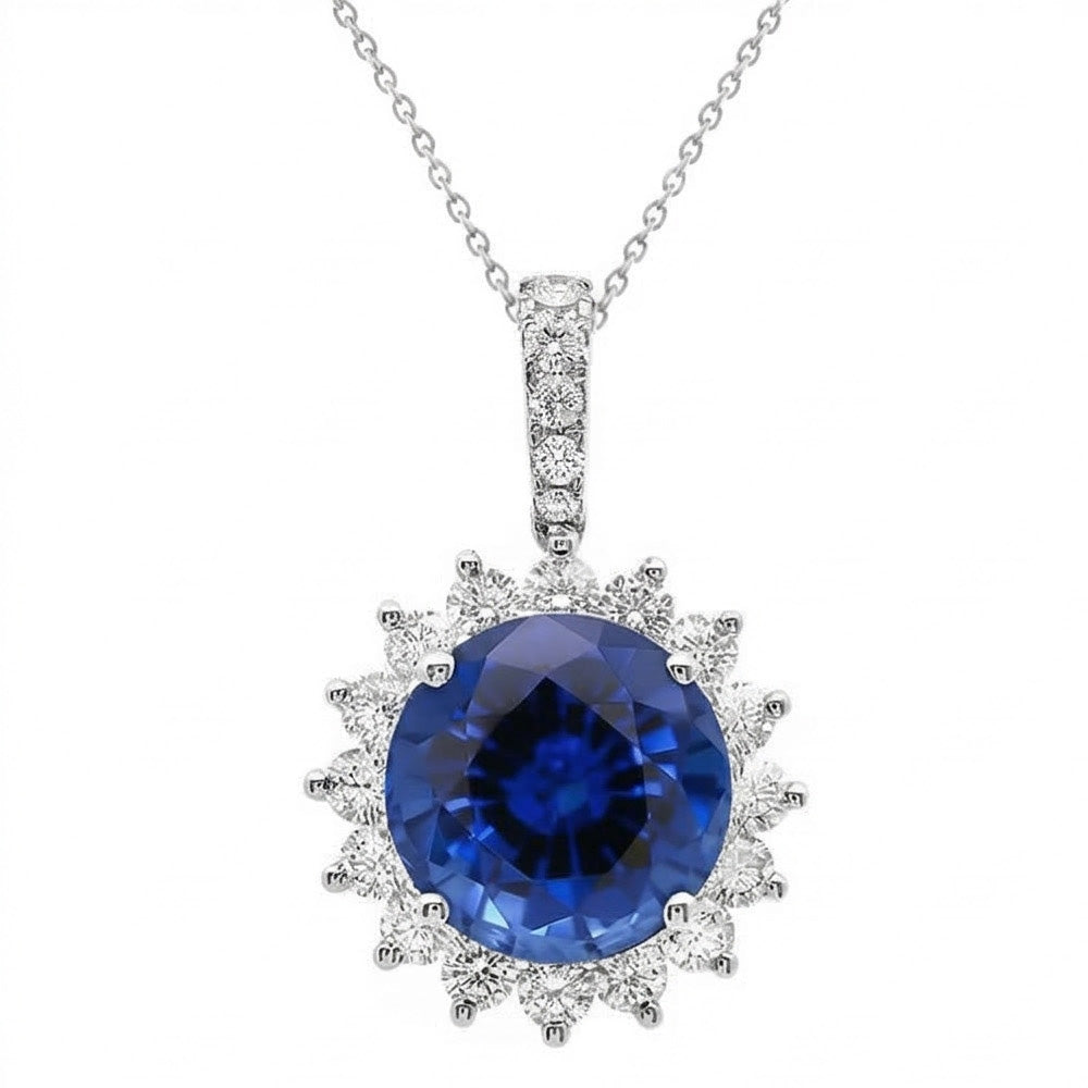 Collier Pendentif Saphir Bleu Et Diamants Naturels Extraits des Mines ( et non cultivés en laboratoire ) 8.40 Carats Or Blanc 14K