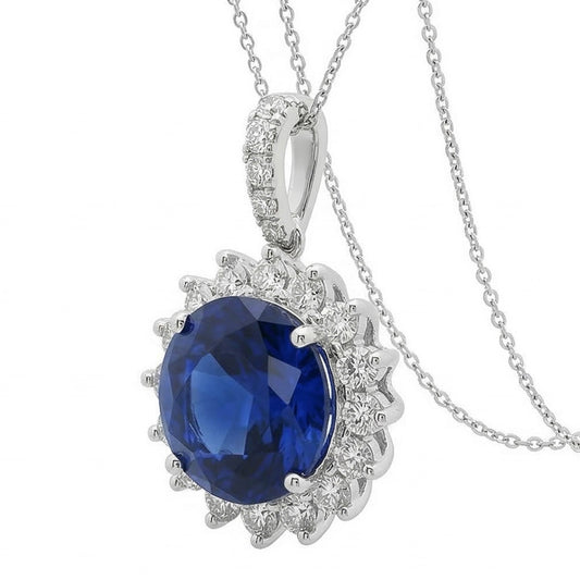 Collier Pendentif Saphir Bleu Et Diamants Naturels Extraits des Mines ( et non cultivés en laboratoire ) 8.40 Carats Or Blanc 14K