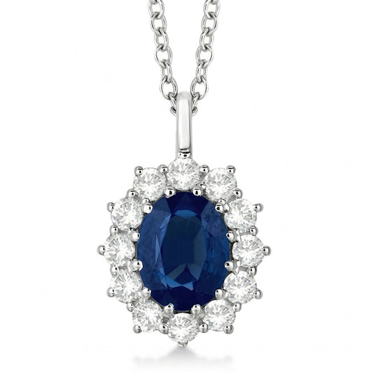 Collier Pendentif Saphir Bleu Ovale Avec Diamants Naturels Extraits des Mines ( et non cultivés en laboratoire ) Or Blanc 2.70 Ct