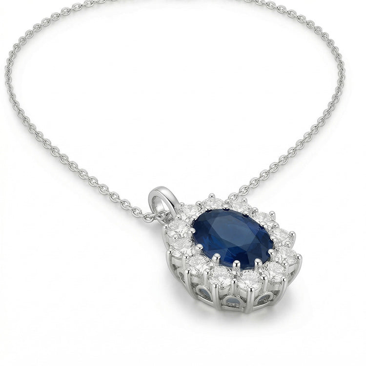 Collier Pendentif Saphir Bleu Ovale Avec Diamants Naturels Extraits des Mines ( et non cultivés en laboratoire ) Or Blanc 2.70 Ct