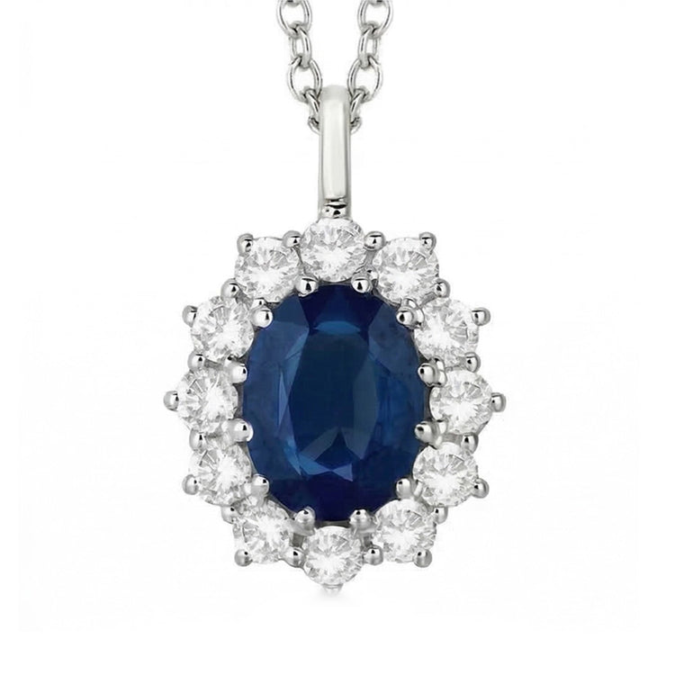 Collier Pendentif Saphir Bleu Ovale Avec Diamants Naturels Extraits des Mines ( et non cultivés en laboratoire ) Or Blanc 2.70 Ct