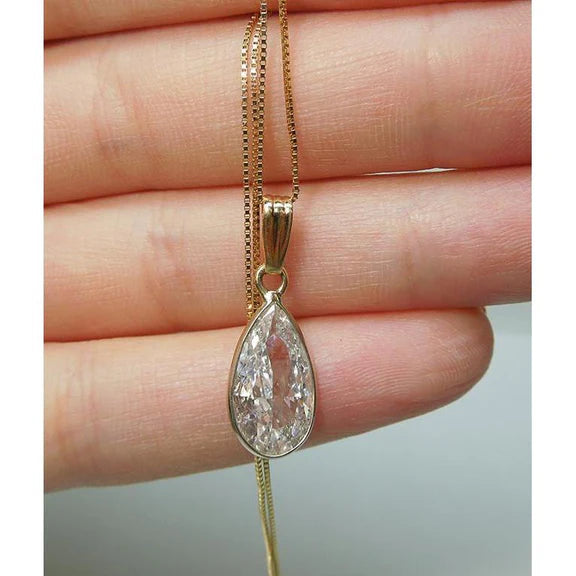 Collier Pendentif Solitaire Poire Réel Diamant 2.25 Carats Or Jaune 14K