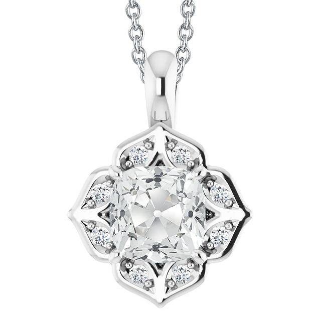 Collier Pendentif Véritable Diamant Coulissant Style Fleur Coussin Old Cut 6 Cts