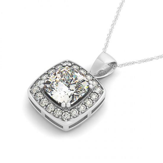 Collier Pendentif Véritable Diamant Coussin Sans Chaîne 2 Carats Or Blanc 14K