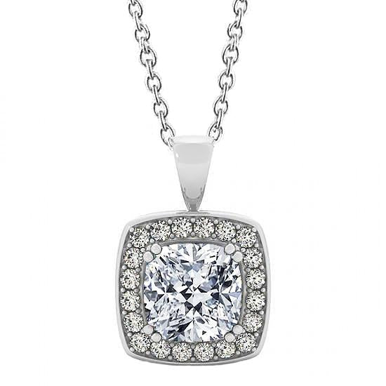 Collier Pendentif Véritable Diamant Coussin Sans Chaîne 2 Carats Or Blanc 14K