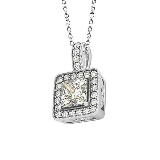 Collier Pendentif Véritable Diamant Princesse 1.50 Carats WG 14K Sans Chaîne