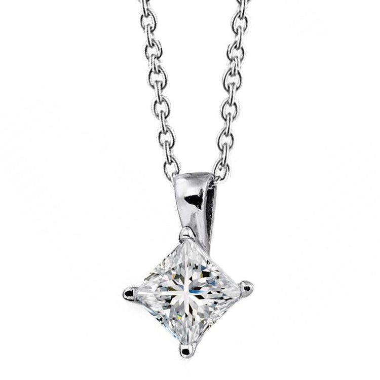 Collier Pendentif Véritable Diamant Solitaire Taille Princesse 3 Ct En Or Blanc 14K