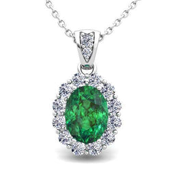 Collier Pendentif Vert Emeraude Avec Diamants 7.85 Carats WG 14K