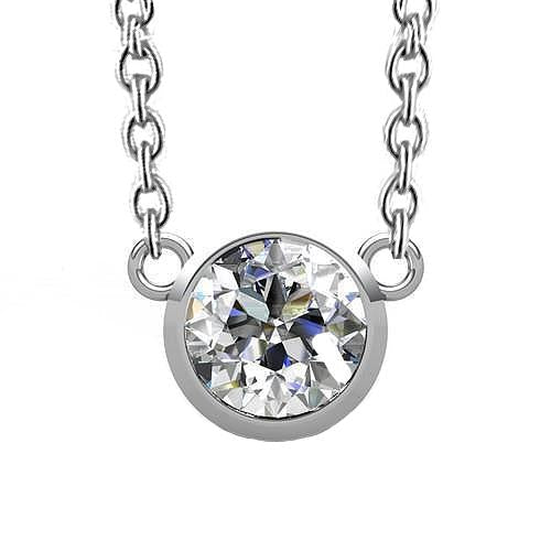 Collier pendentif Réel diamant Coupe Ronde serti clos 1.5 ct. Or Blanc 14K