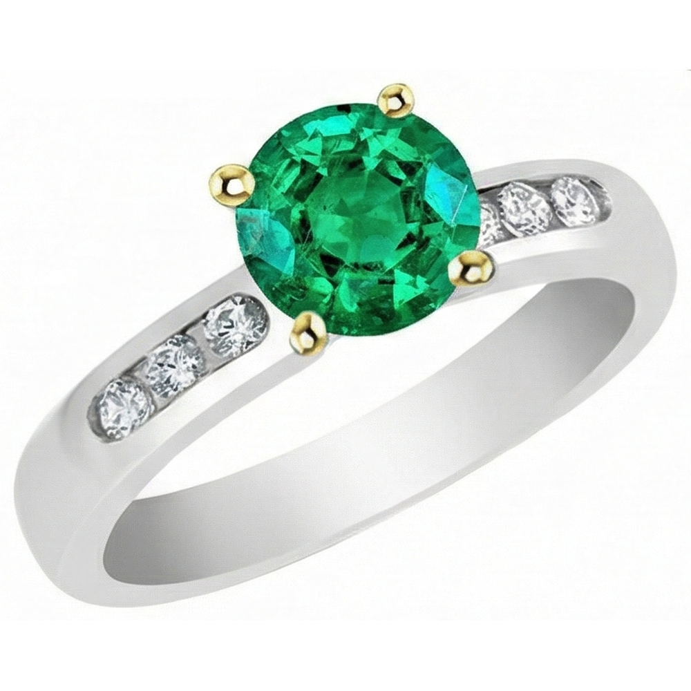 Émeraude Colombienne Taille Ronde Bague avec Gemme en Or Bicolore 14 Carats – vue de profil