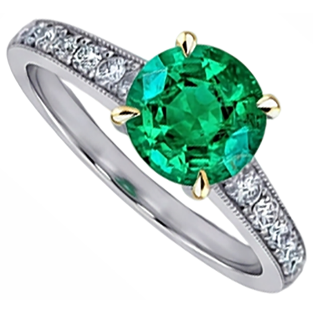 Taille Ronde Émeraude Colombienne bague en Or 14K Bicolore – vue d'angle
