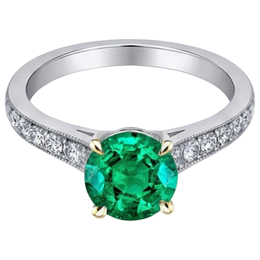 Taille Ronde Émeraude Colombienne bague en Or 14K Bicolore – vue de côté