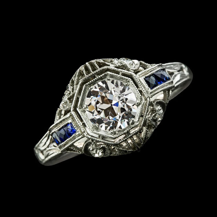 Comme bijoux édouardiens Réel Diamond Old Miner Ring Princess Blue Sapphire