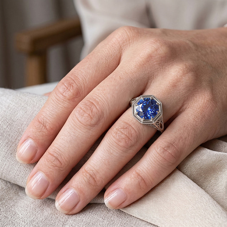 Comme bijoux édouardiens Solitaire Gemstone Ring Style Vintage Blue Sapphire