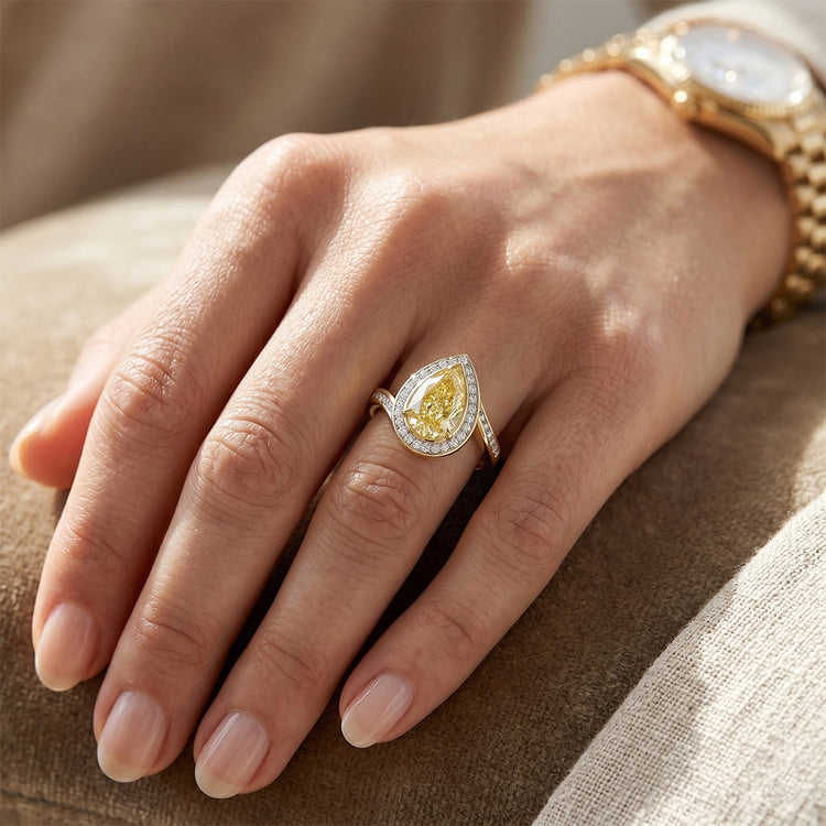 Confectionné main Diamant Canari Bague de Fiançailles Halo 2