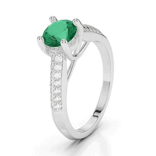 Coupe Ronde 2.60 Ct. Bague Anniversaire Emeraude Vert Et Diamants Or Blanc