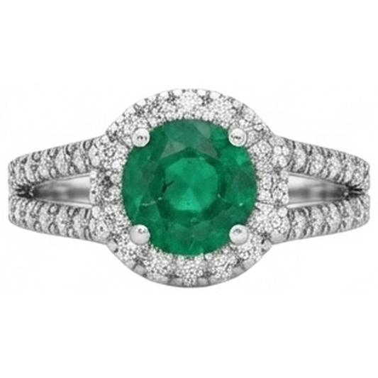 Coupe ronde 3.80 ct. Alliance Émeraude Vert Et Diamants Naturels Extraits des Mines ( et non cultivés en laboratoire ) Or Blanc 14K