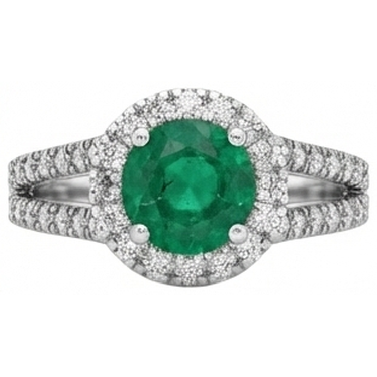 Coupe ronde 3.80 ct. Alliance Émeraude Vert Et Diamants Naturels Extraits des Mines ( et non cultivés en laboratoire ) Or Blanc 14K