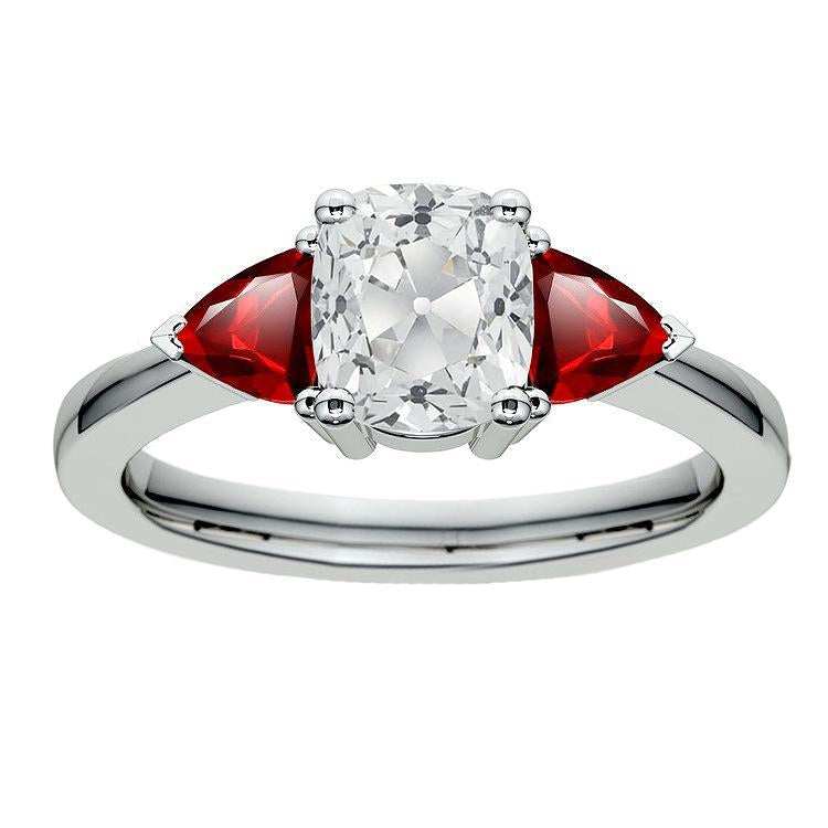 Coussin Bague 3 Pierres Vieux Mineur Naturel Diamant Trillion Rubis 5.25 Carats