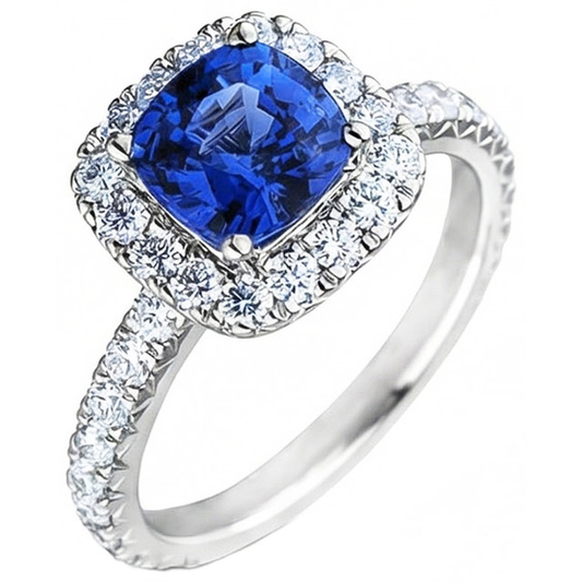 Coussin Ceylan Bleu Saphir Avec Diamants Naturels Extraits des Mines ( et non cultivés en laboratoire ) 2.50 Ct. Anneau