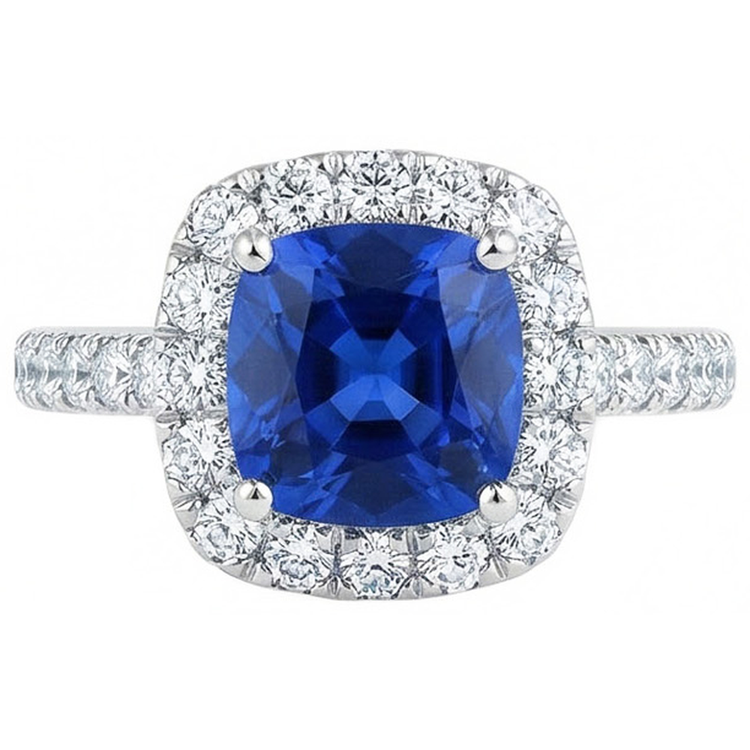 Coussin Ceylan Bleu Saphir Avec Diamants Naturels Extraits des Mines ( et non cultivés en laboratoire ) 2.50 Ct. Anneau