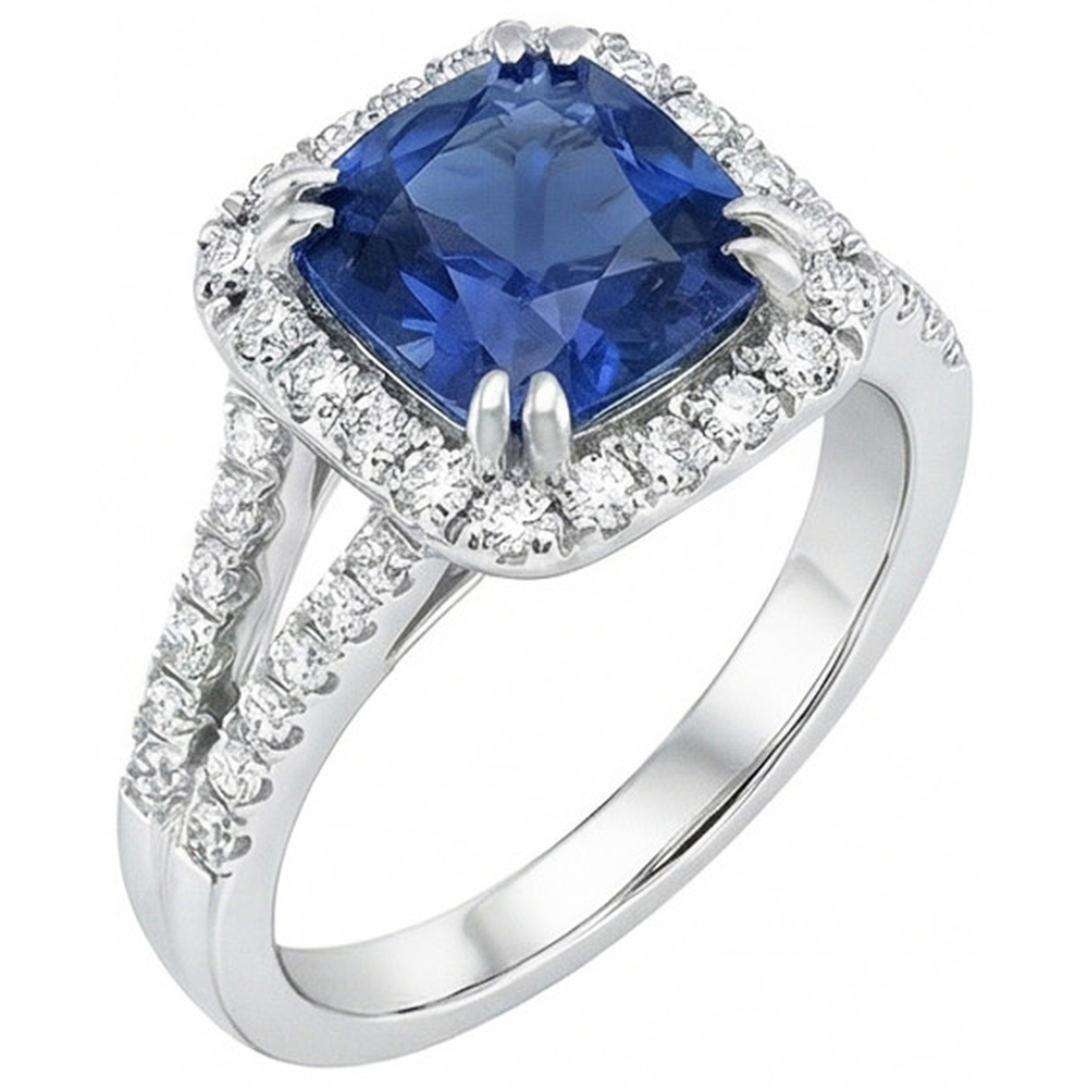 Coussin Ceylan Saphir Diamant Naturels Extraits des Mines ( et non cultivés en laboratoire ) Bague Accents 3 Carats WG 14K