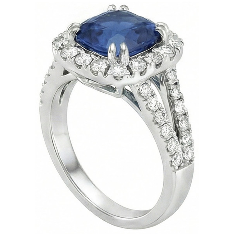 Coussin Ceylan Saphir Diamant Naturels Extraits des Mines ( et non cultivés en laboratoire ) Bague Accents 3 Carats WG 14K