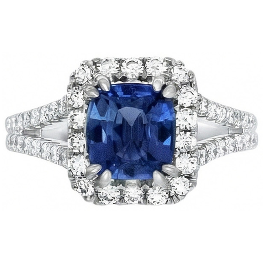 Coussin Ceylan Saphir Diamant Naturels Extraits des Mines ( et non cultivés en laboratoire ) Bague Accents 3 Carats WG 14K