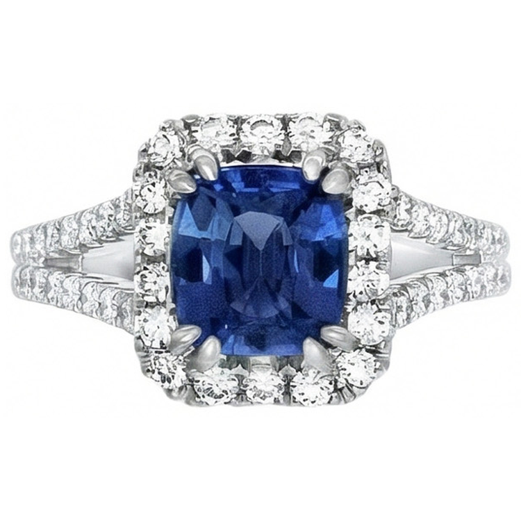 Coussin Ceylan Saphir Diamant Naturels Extraits des Mines ( et non cultivés en laboratoire ) Bague Accents 3 Carats WG 14K