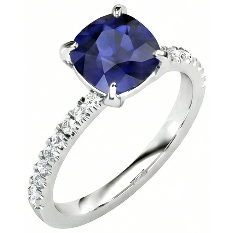 Coussin Ceylan Saphir Et Diamants Naturels Extraits des Mines ( et non cultivés en laboratoire ) 2.90 Ct Bague Or Blanc 14K