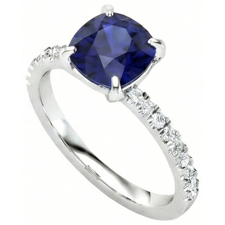 Coussin Ceylan Saphir Et Diamants Naturels Extraits des Mines ( et non cultivés en laboratoire ) 2.90 Ct Bague Or Blanc 14K