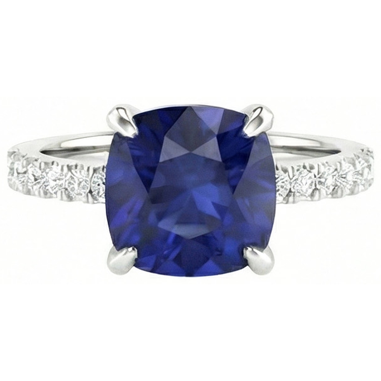 Coussin Ceylan Saphir Et Diamants Naturels Extraits des Mines ( et non cultivés en laboratoire ) 2.90 Ct Bague Or Blanc 14K