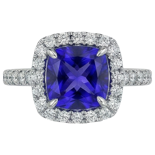 Coussin Forme 2.25 Carats Tanzanite Avec Diamant Naturels Extraits des Mines ( et non cultivés en laboratoire ) Bague De Mariage Bijoux