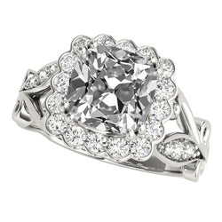 Coussin Halo Bague Réel Diamant Taille Ancienne Fleur Avec Style Feuille 9.50 Carats