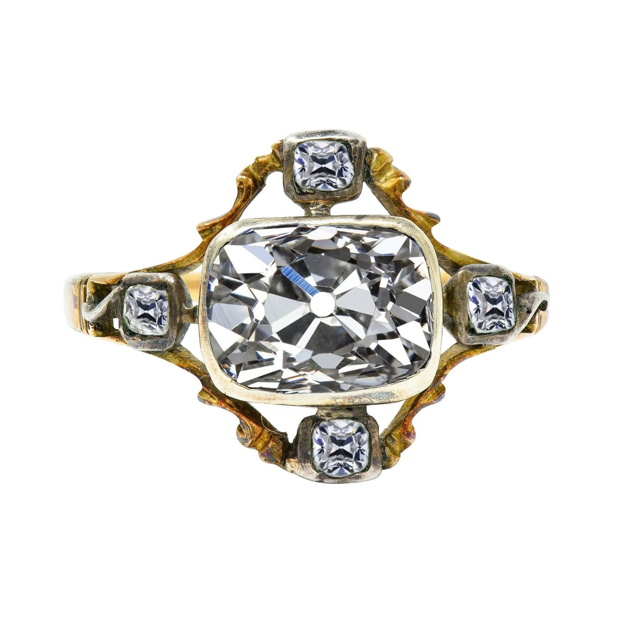 Coussin Halo Bicolore Bague Réel Diamant Taille Ancienne Lunette Sertie 6 Carats