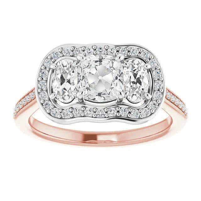 Coussin Halo Et Bague De Style 3 Pierres Véritable Diamant Ovale Taille Ancienne 10.75 Carats