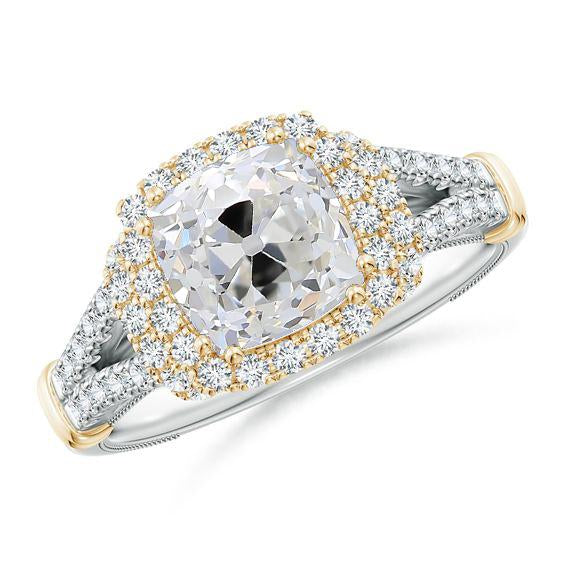 Coussin Halo Naturel Diamant Vieux Mineur Bague 4 Carats Or Jaune & Blanc 14K