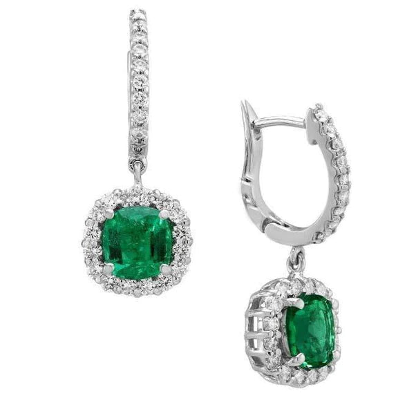 Coussin Or Blanc 14K Green Emerald Halo Diamants 5 Ct. Boucle d'oreille pendante