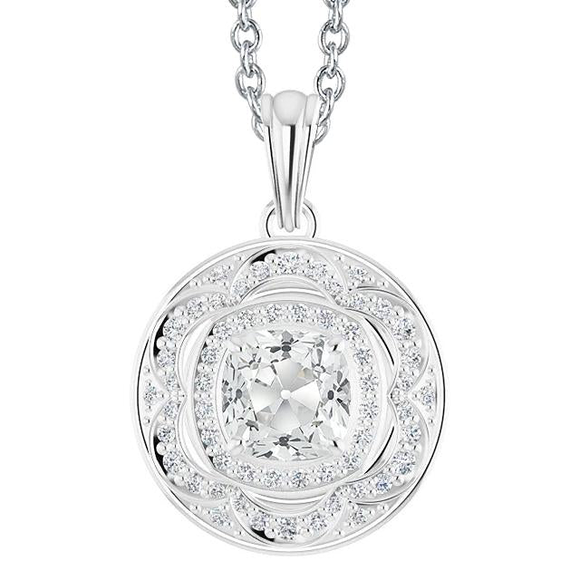 Coussin Pendentif Halo Véritable Diamant Or Blanc Vieux mineur Avec Bélière 5 Carats