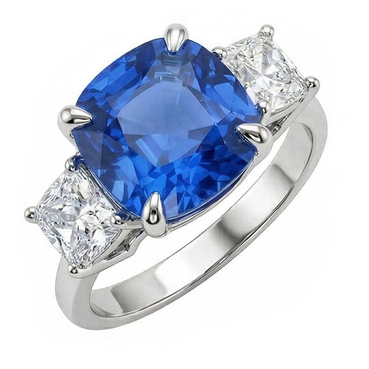 Coussin Saphir 3 Pierres Bague Diamant Griffe Bijoux Or 4 Carats