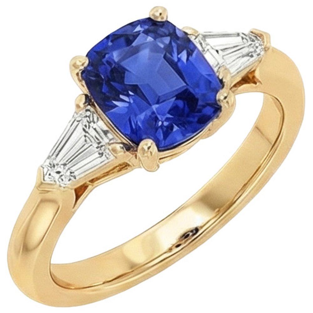 Coussin Saphir Ceylan Bleu Foncé & Bague Baguette Conique 9.50 Carats