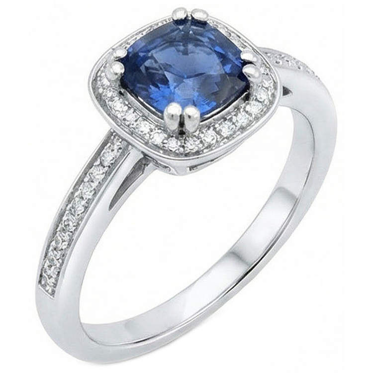 Coussin Sri Lanka Bleu Saphir Bague Diamant Naturels Extraits des Mines ( et non cultivés en laboratoire ) Or Massif 1.70 Ct