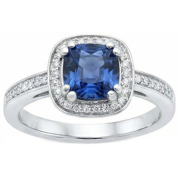 Coussin Sri Lanka Bleu Saphir Bague Diamant Naturels Extraits des Mines ( et non cultivés en laboratoire ) Or Massif 1.70 Ct