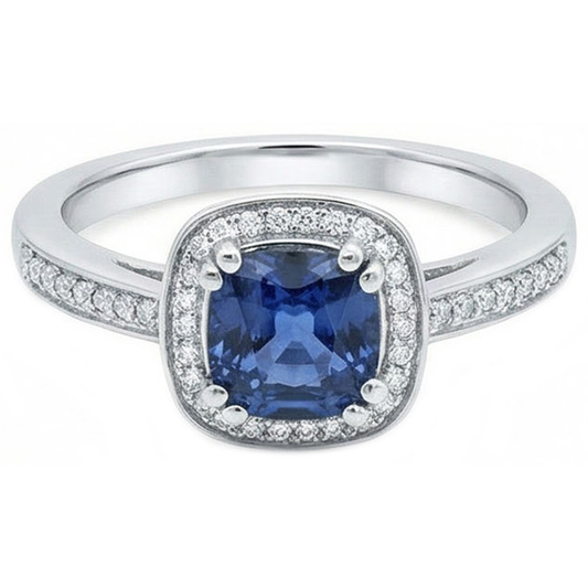 Coussin Sri Lanka Bleu Saphir Bague Diamant Naturels Extraits des Mines ( et non cultivés en laboratoire ) Or Massif 1.70 Ct