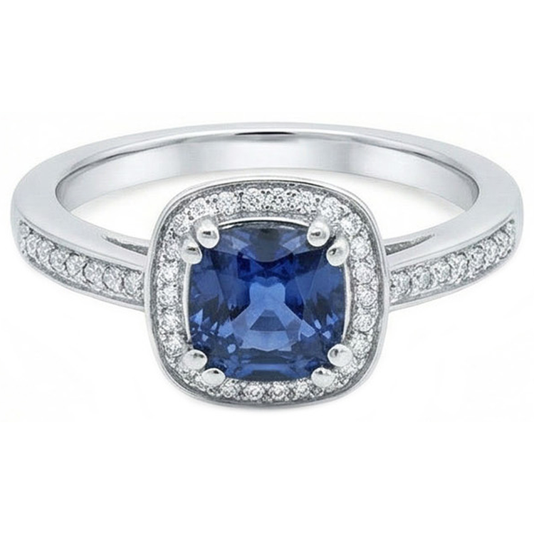 Coussin Sri Lanka Bleu Saphir Bague Diamant Naturels Extraits des Mines ( et non cultivés en laboratoire ) Or Massif 1.70 Ct